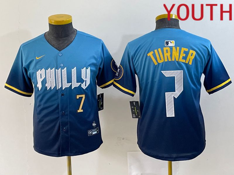 Youth Philadelphia Phillies 7 Turner Blue City Edition Nike 2024 MLB Jersey style 3